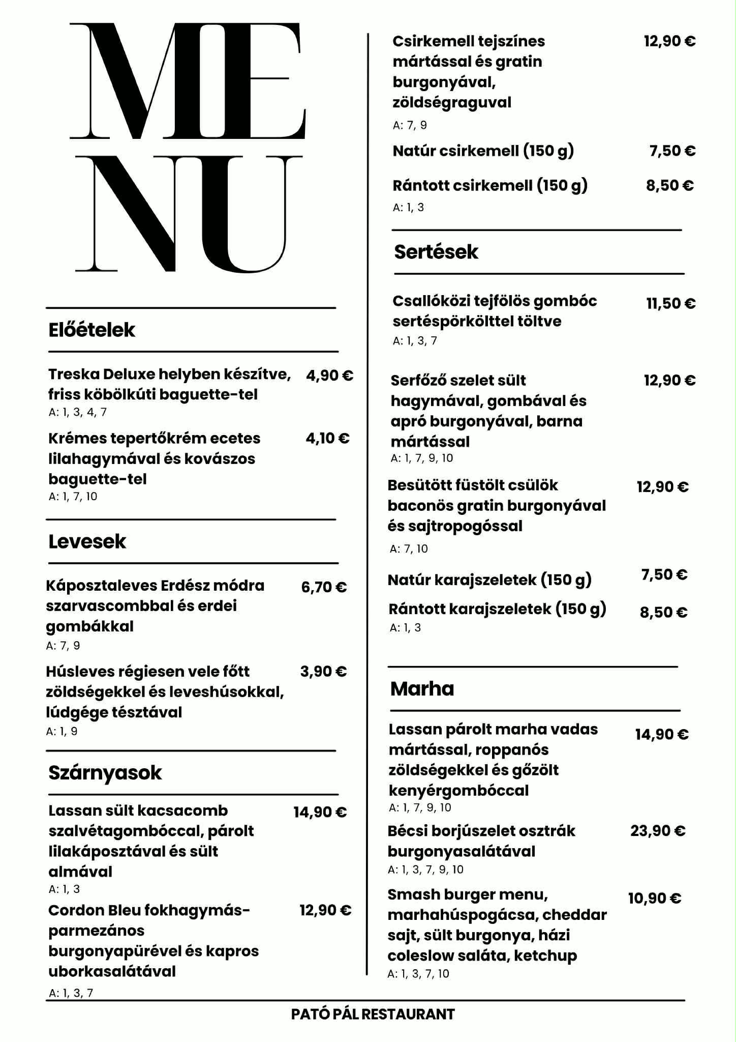Pató Pál étlap 1. oldal