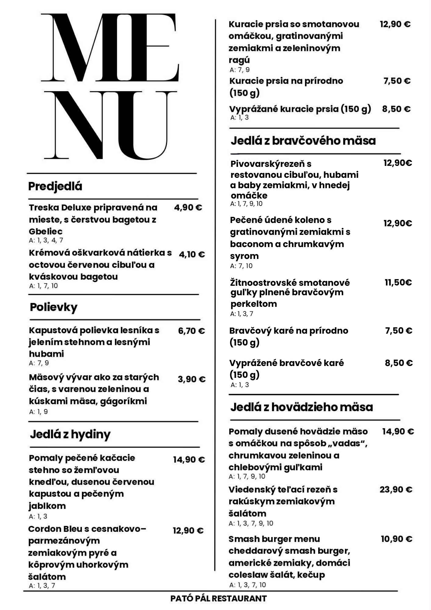 Pató Pál jedálny lístok 1. strana