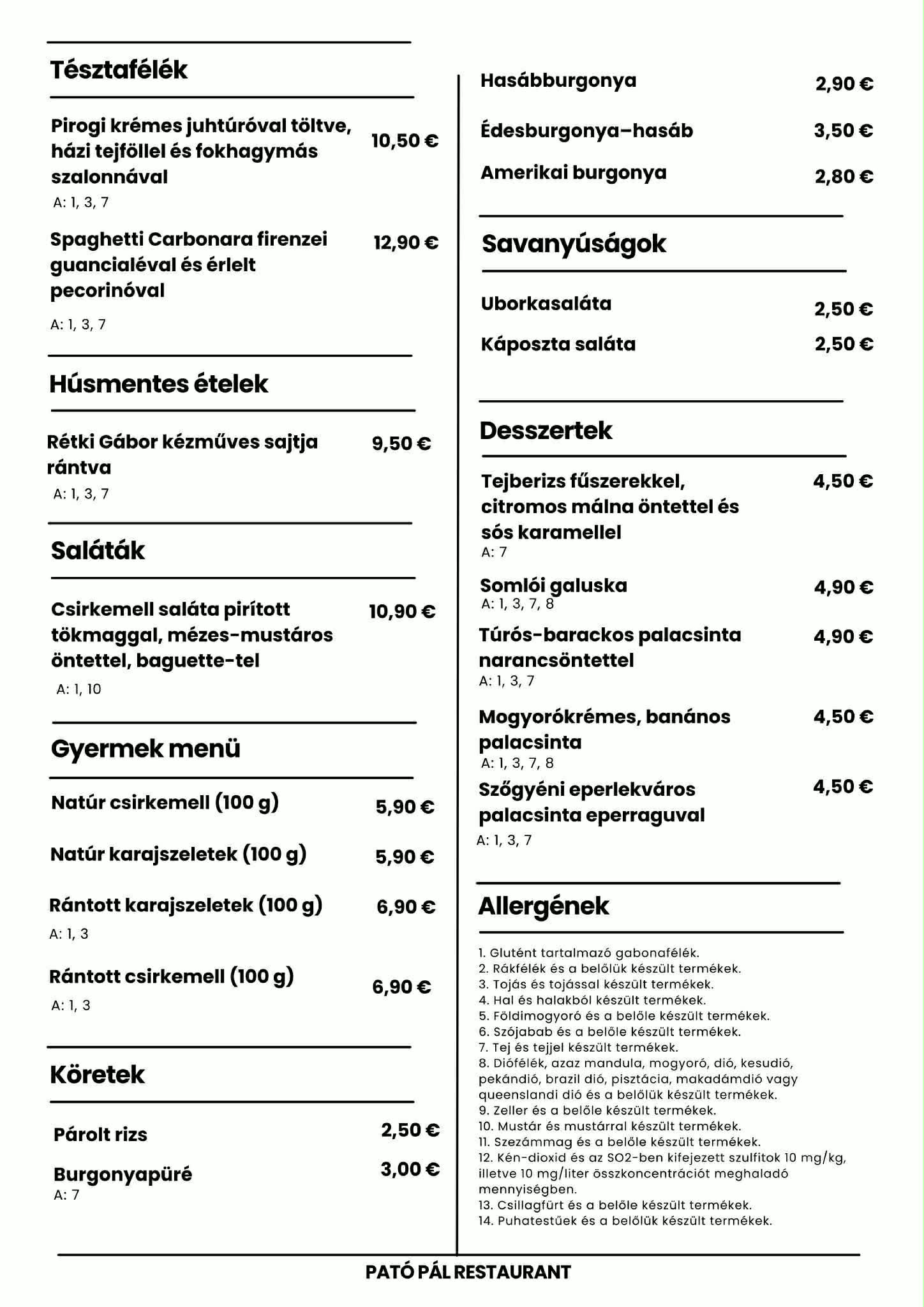 Pató Pál étlap 2. oldal