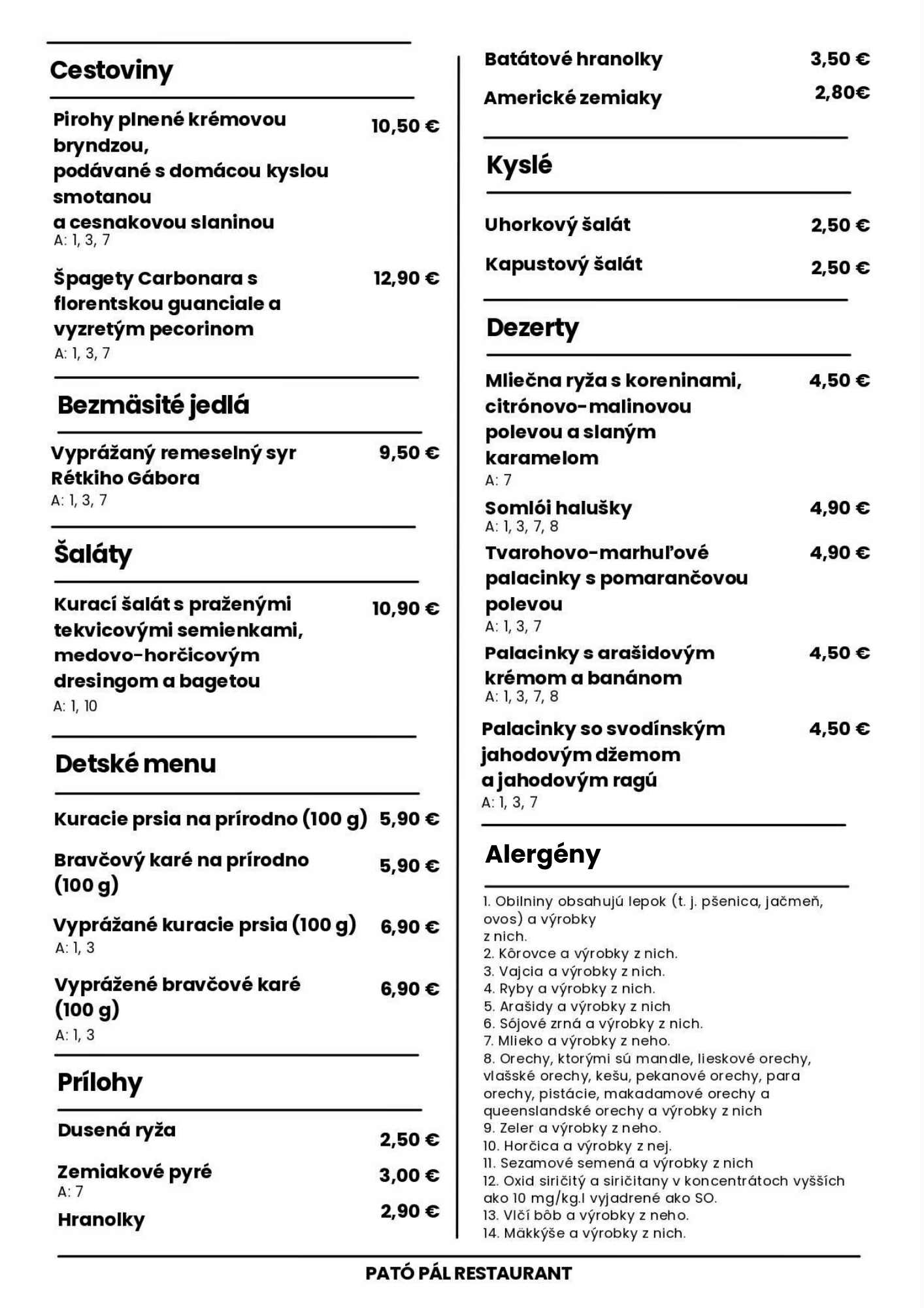 Pató Pál jedálny lístok 2. strana